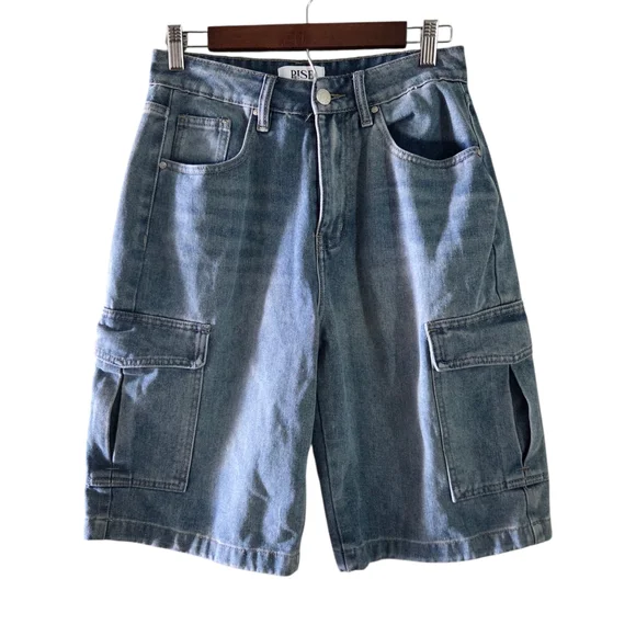 RISE Denim Cargo Shorts Women’s Sz 7 Light Blue Y2K Utility Carpenter Style - Picture 1 of 10